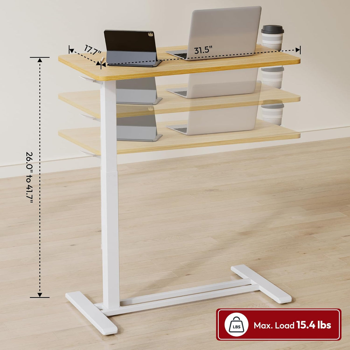 SANODESK Medical Adjustable Overbed Bedside Table with Hidden Casters, Pneumatic Mobile Laptop Computer Standing Desk Cart with Tray, Hospital and Home Use(31.5" W x 17.7" D, Maple)
