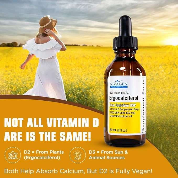 Vitamin D2 Liquid Drops as Ergocalciferol, Faster Absorption, 400iu Vitamin D2 8,000 USP, 1,200 Servings, 60ml - 2 fl.oz.