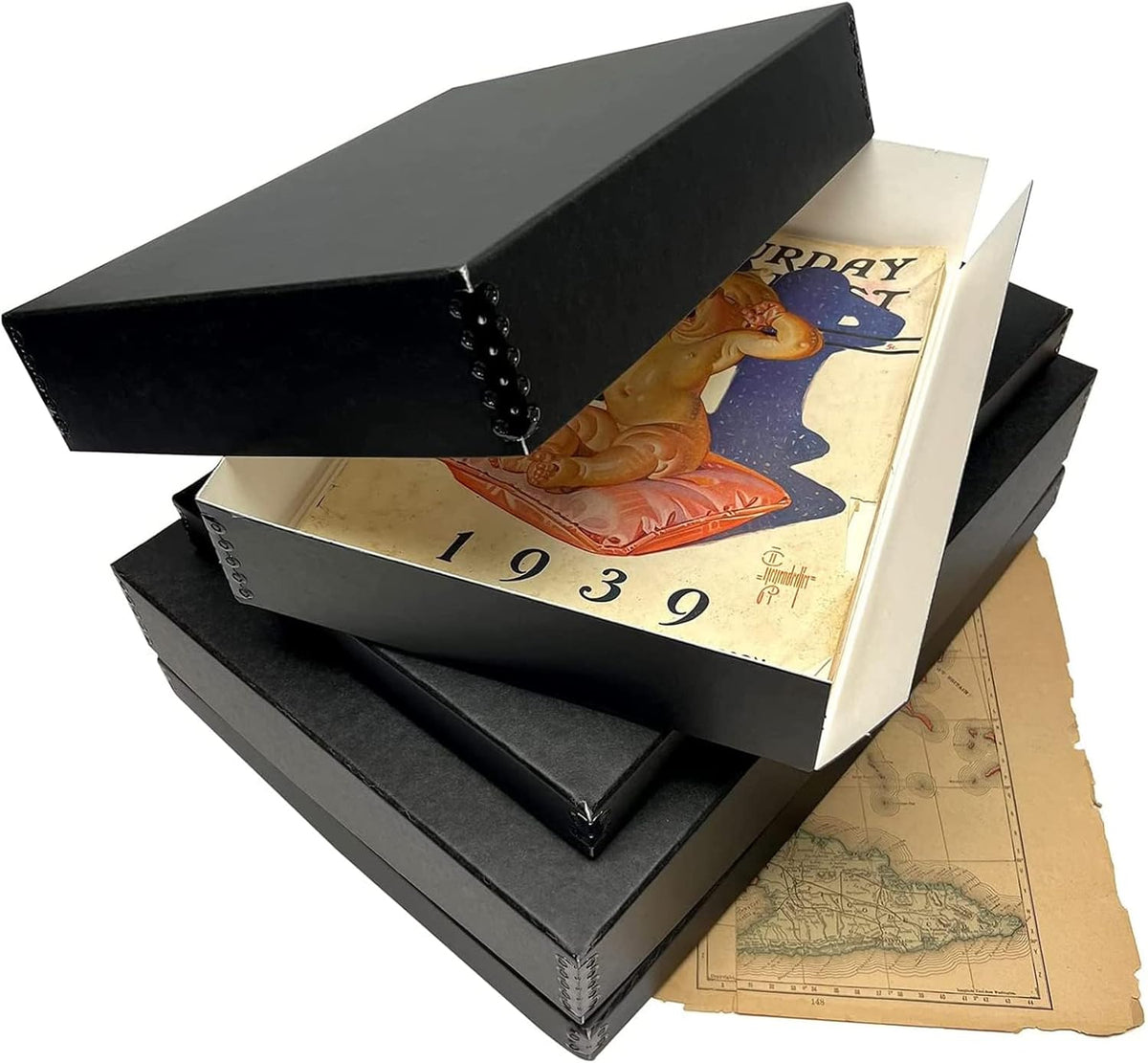 Lineco Museum Archival Storage Box, 16.75x20.75x3 in. Drop Front Design. Acid-Free with Metal Edge. Organize Photos, Pictures, Prints, Documents, Crafts, DIY. Black, 6 Pack