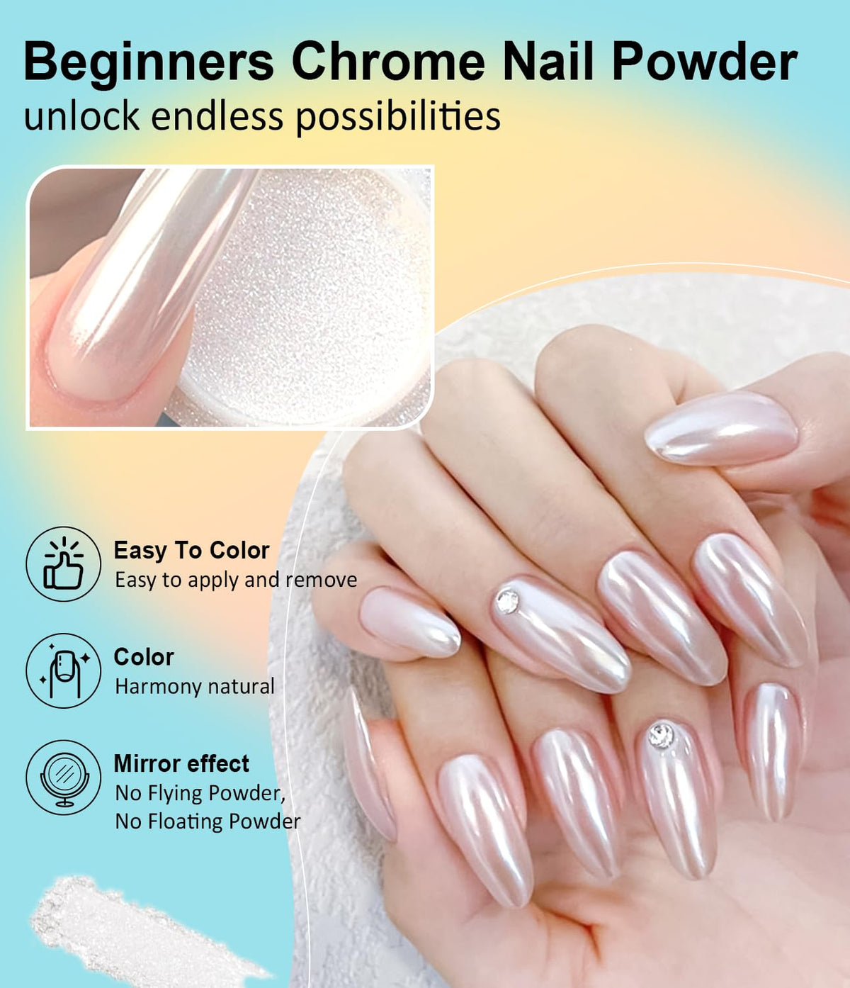 Gold Chrome Nail Powder BISHENGYF -【Metallic Mirror Effect】Pearl Chrome Nail Powder White Aurora Mermaid Iridescent Silver Nail Chrome Powder Metallic Mirror Glitter Pigment Dust For Nail Art DIY