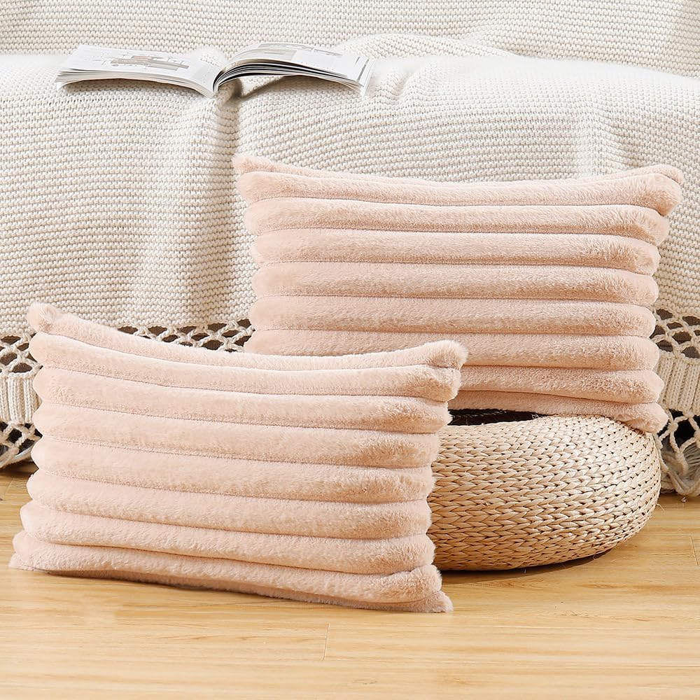 MADIZZ Set of 2 Faux Wool Plush Decorative Throw Pillow Covers 12x20 Inch Light Brown Fluffy Striped Soft Decorative Cushion Cover for Sofa Bedroom Pillow Shell