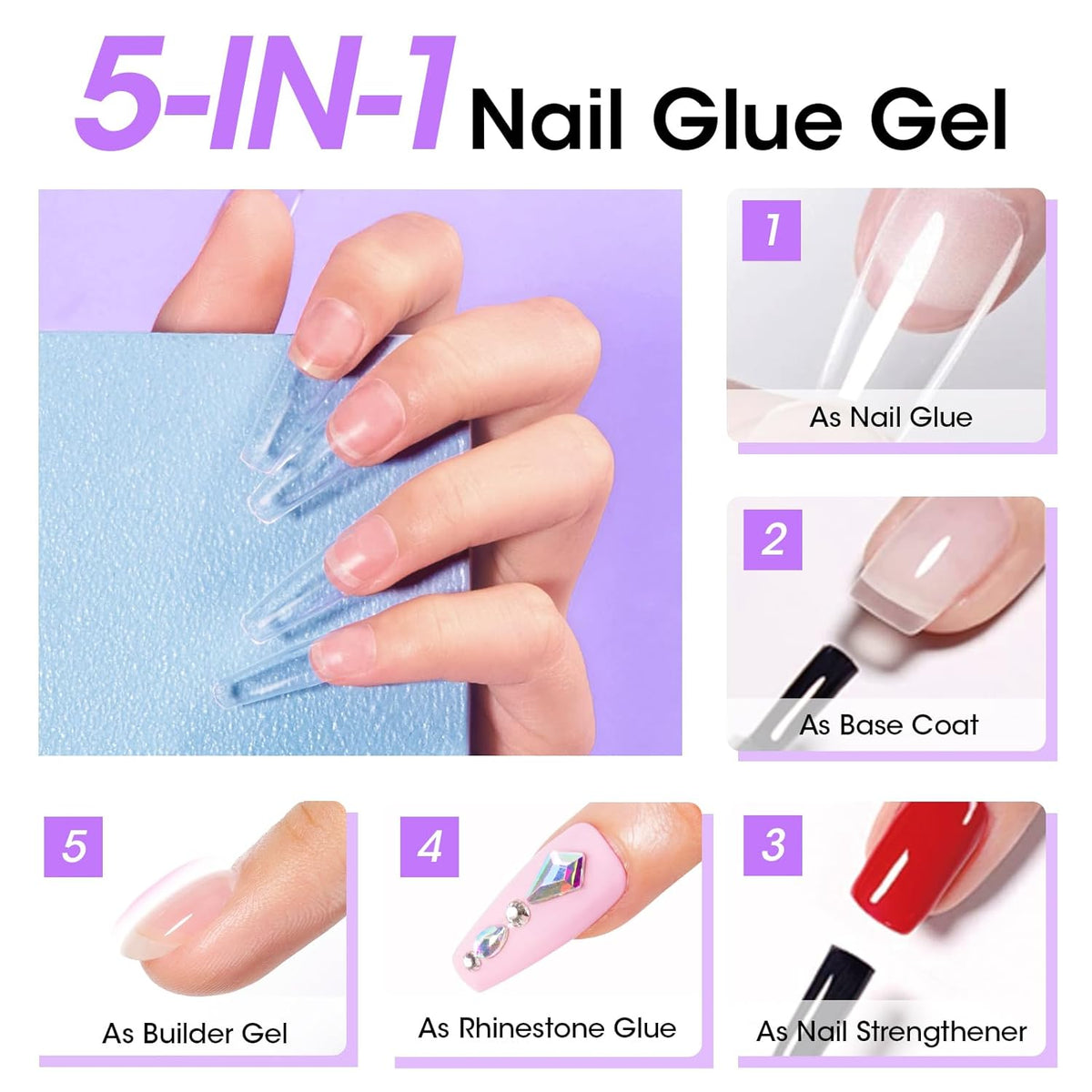 Gellen Nail Glue Gel & No Wipe Top Coat, 5 in 1 UV Nail Glue for Acrylic Nails, High Shiny Top Coat Gel, Curing Needed Extend Gel for False Tips & Clear Press on Nails, Home Salon DIY Manicure