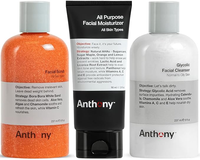 Anthony Glycolic Facial Cleanser 8 Fl Oz, and Anthony Facial Scrub, 8 Fl Oz, and Anthony All Purpose Facial Moisturizer, 3 Fl Oz