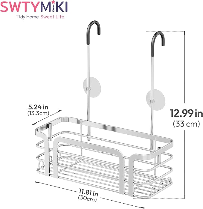 SWTYMIKI Shower Caddy Hanging Organizer - Over the Door Shower Caddy with 6 Hooks, 2 Installation Ways, Stainless Steel Rustproof Bathroom Organizer, Silver
