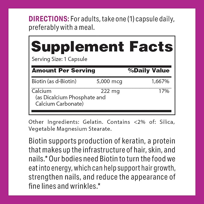 Vitamin World Super Biotin 5000 mcg. 120 Capsules, B Vitamin, Hair, Skin and Nails, Rapid-Release, Gluten Free