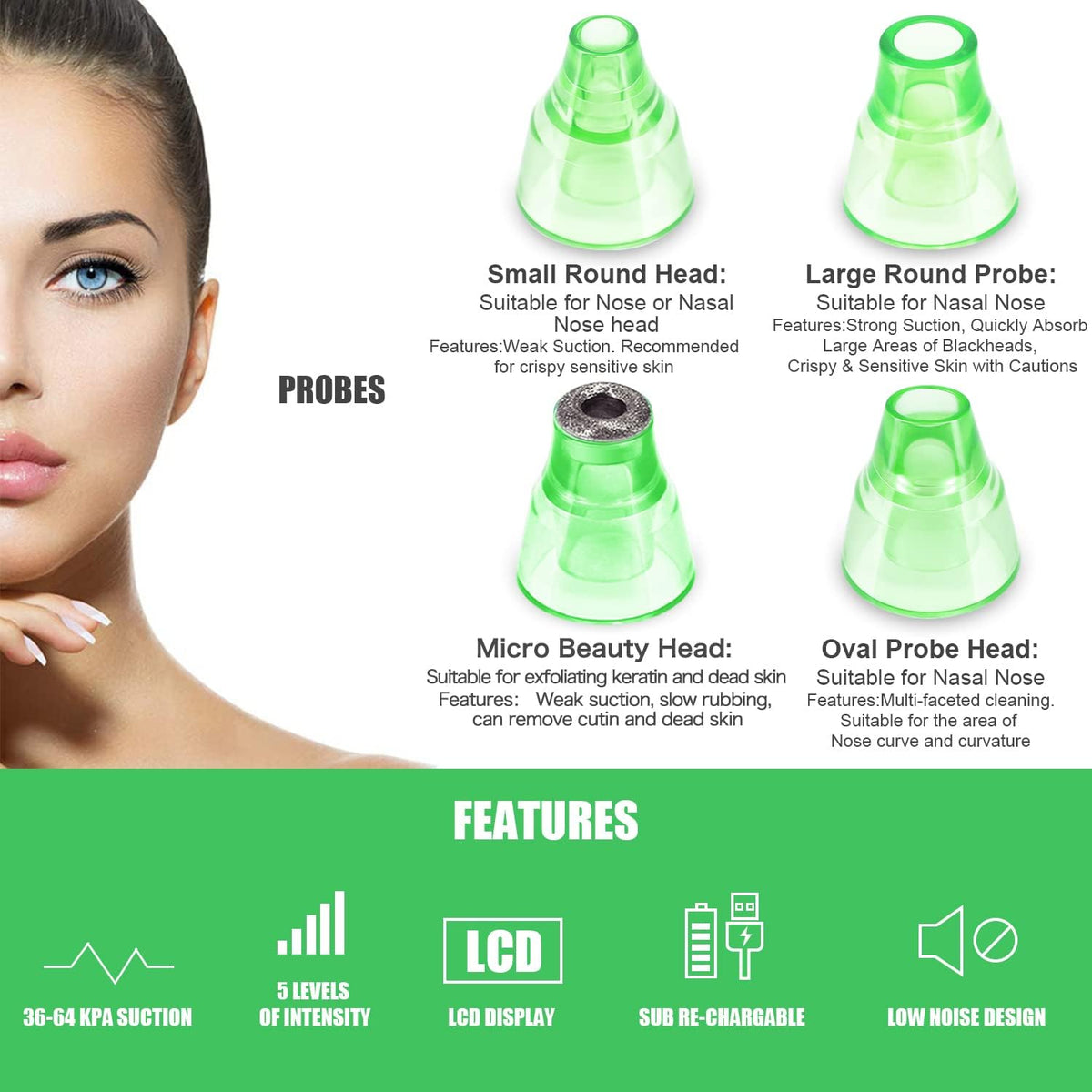 Blackhead Remover Pore Vacuum, Face Suction Pore Cleanser, 5 Suction Power Electric Blackhead Extractor Tool, 4 Probes, Blackhead Suction Remover for Women & Men