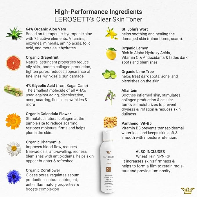 LEROSETT Toner for Clear Skin, Aloe Vera Based Toner with Glycolic Acid & 10 Calming Botanicals Helps Reduce Irritation, Future Blemishes, Blackheads, and Tightens Pores, Natural, Vegan - 6.7 oz
