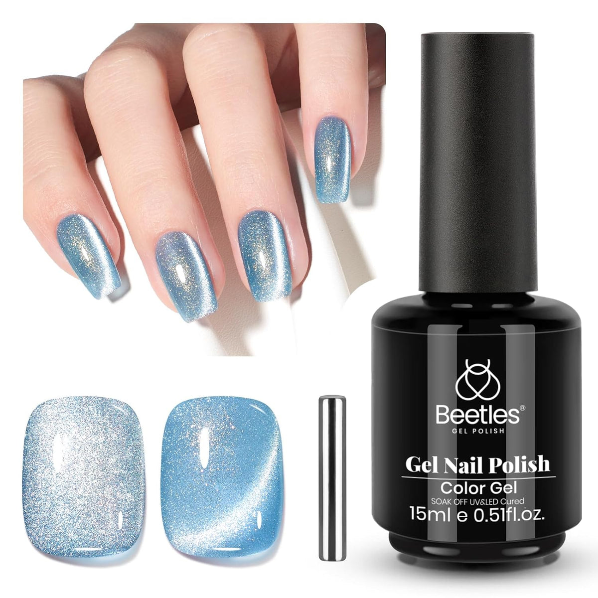 Beetles Blue Cat Eye Gel Polish, 15ML Light Blue Cat Eye Glitter Gel Polish with Magnet Soak Off UV Shimmer Velvet Gel Arctic Aurora Series French Nail Art Design Manicure Gifts for Women