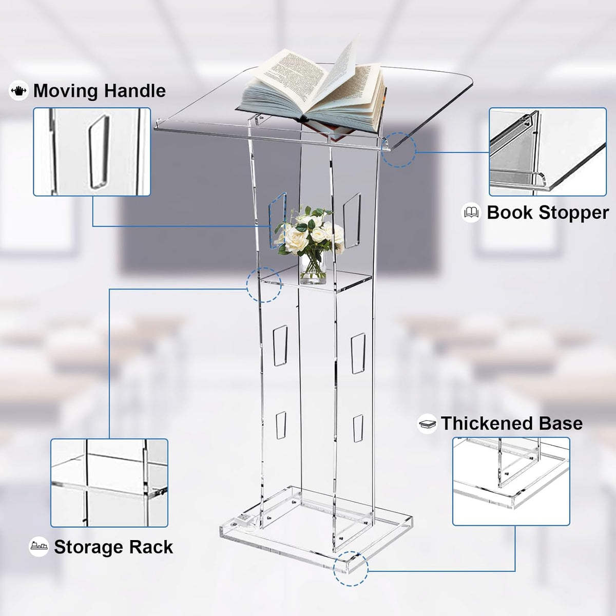 Acrylic Podium Stand, Ultra Clear 43'' Pulpits for Churches with 15 Color Adjustable, Modern Lectern with Storage Sheld for Church,Conference,Speech,Classroom, 23.62”x 15.75”X 43.3”