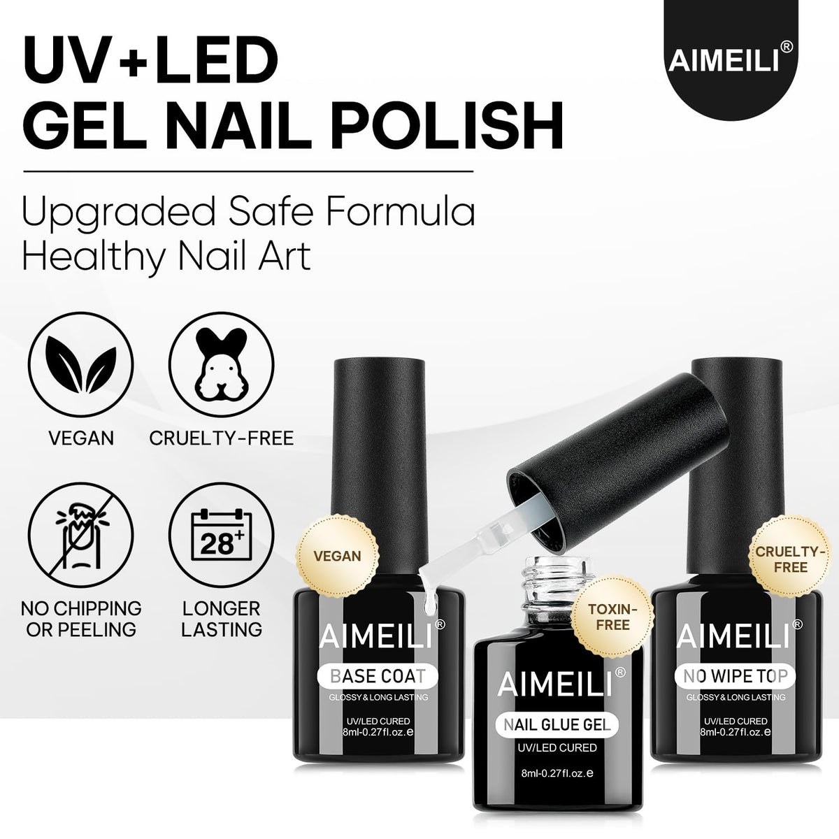 AIMEILI Base Coat Top Coat Nail Glue Gel Kit 3pcs, Hema Free, Cruelty Free, Vegan, Clear High Gloss Gel Nail Polish Long Lasting Nail Art
