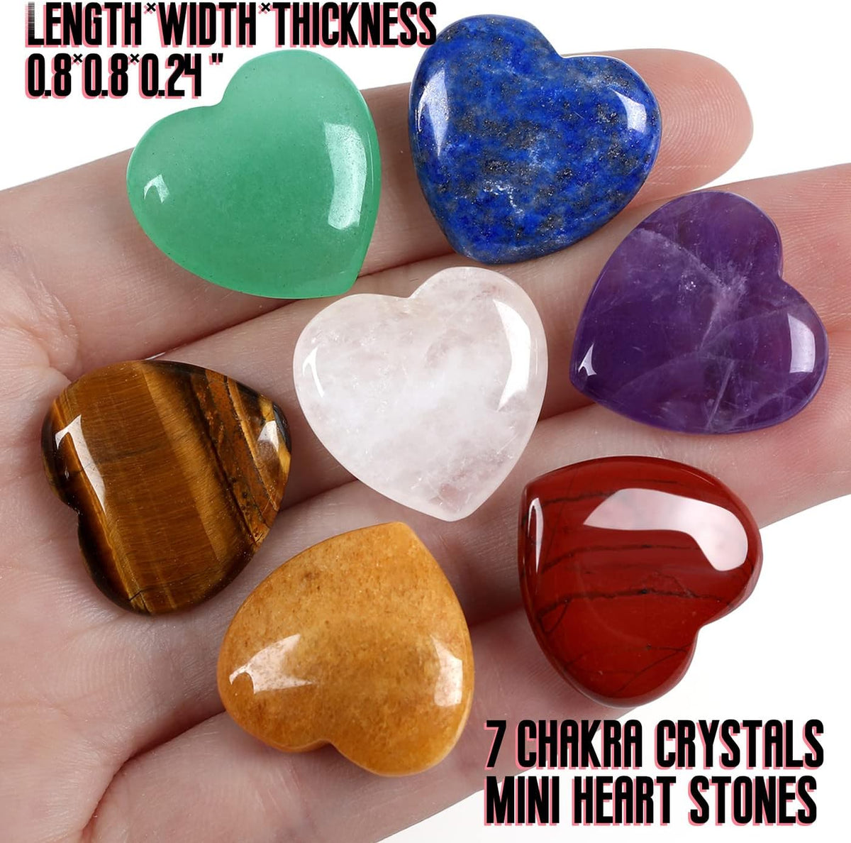 7 PCS Chakra Heart Crystals Pocket Natural Stones Polished Amethyst Palm Assorted Healing Crystal Love Shaped Gemstones 0.8" Set Reiki Energy Balancing Meditation Mother's Day Gift