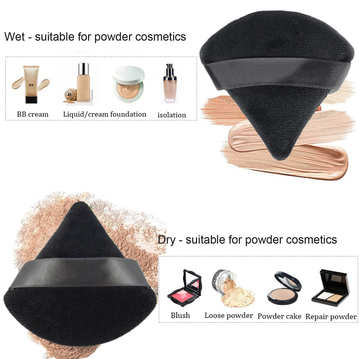 24 Pieces Powder Puff, Triangle Makeup Puff Cotton Powder Face Washable Body Powder Puff for Loose Powder Body Cosmetic Foundation Sponge Makeup Tool (24Black)
