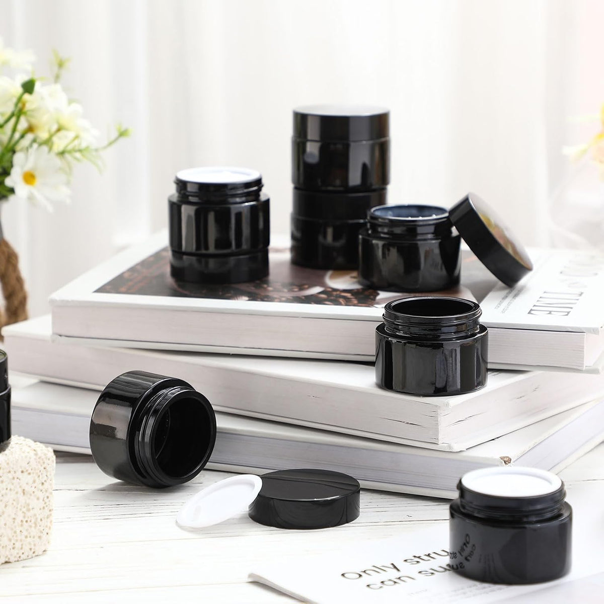 Domensi 100 Pcs 1 oz Glass Jars with Lids Bulk Round Glass Cosmetic Jars Lids 1 oz Small Travel Containers with Inner Liner for Lotions Powders Ointments Sample Cream(Black,Black)