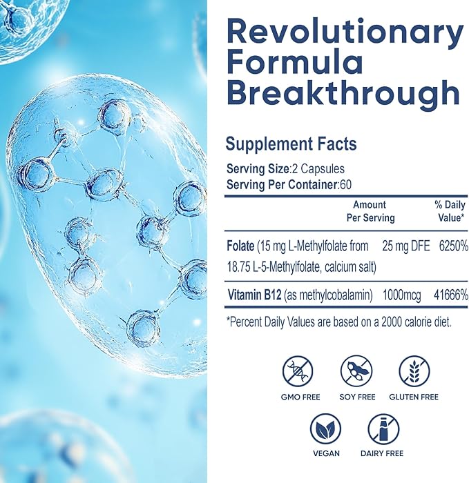 L Methylfolate 15 mg, with Methyl B12 & B6 Folate Supplement for Balanced Mood, Support Brain Health & Immune, 120 Capsules