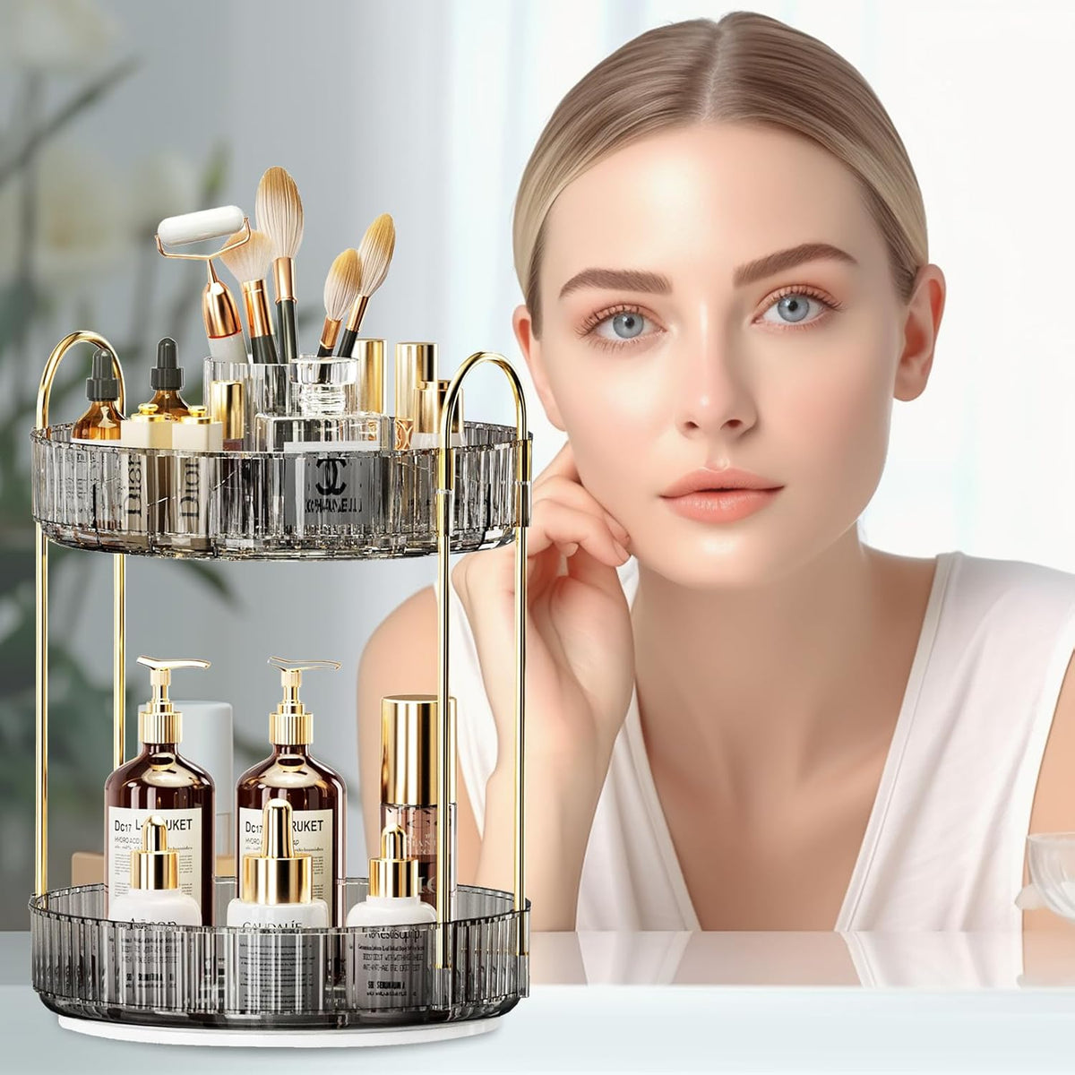 360° Rotating Makeup Organizer, Large-Capacity Skincare Make Up Storage 2 Tier Perfume Organizers Cosmetic Dresser Organizer with Makeup Brush Holder, Fits Bedroom, Bathroom, Vanity Shelf Countertop