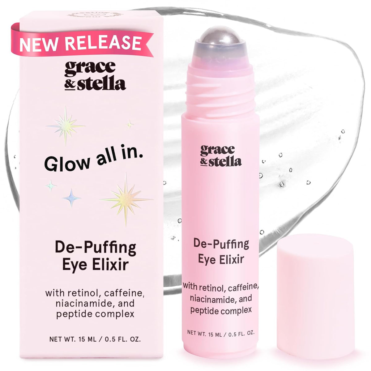 grace & stella Under Eye Brightener Roller - Airplane Travel Essentials - Travel Size Toiletries - Retinol & Caffeine Eye Serum for Puffiness, Dark Circles, Wrinkles - Vegan Skincare (15ml / 0.51floz)