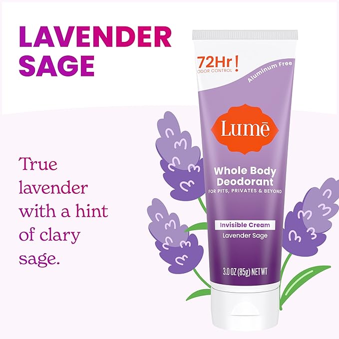 Lume Whole Body Deodorant - Invisible Cream Tube - 72 Hour Odor Control - Aluminum Free, Baking Soda Free, Skin Safe - 3.0 ounce (Lavender Sage)