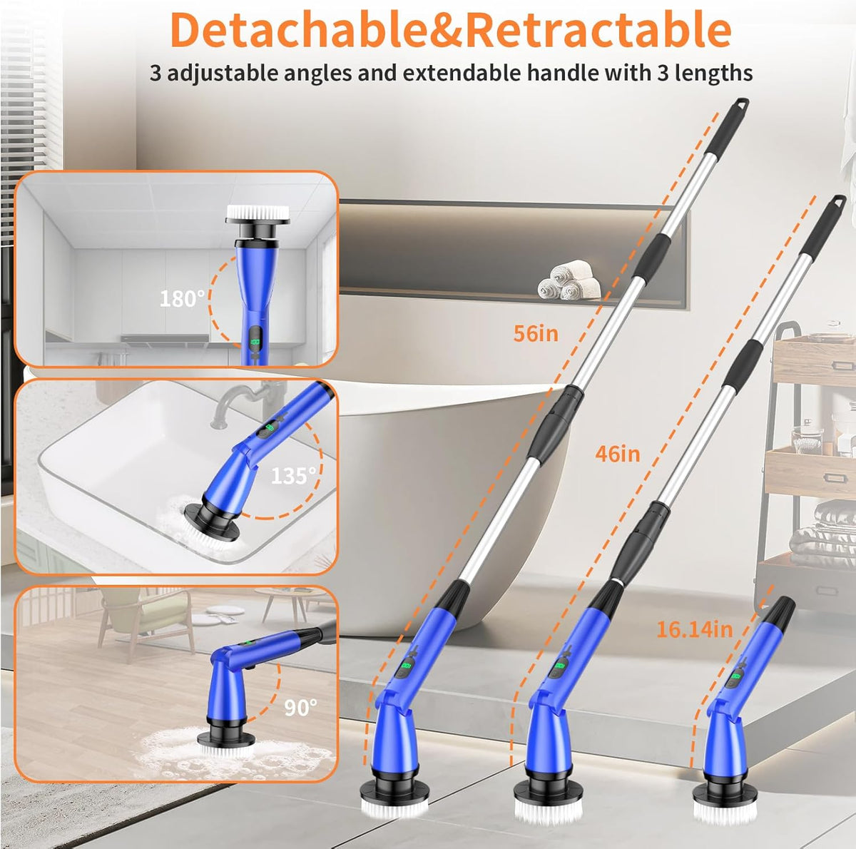 11 in 1 Electric Spin Scrubber Cordless Cleaning Brush 3 Adjustable Angles 2 Adjustable Speeds LED Display Shower Cleaner Brush Supplies Extension Long Handle for Bathroom Floor Tile Toilet Waterproof