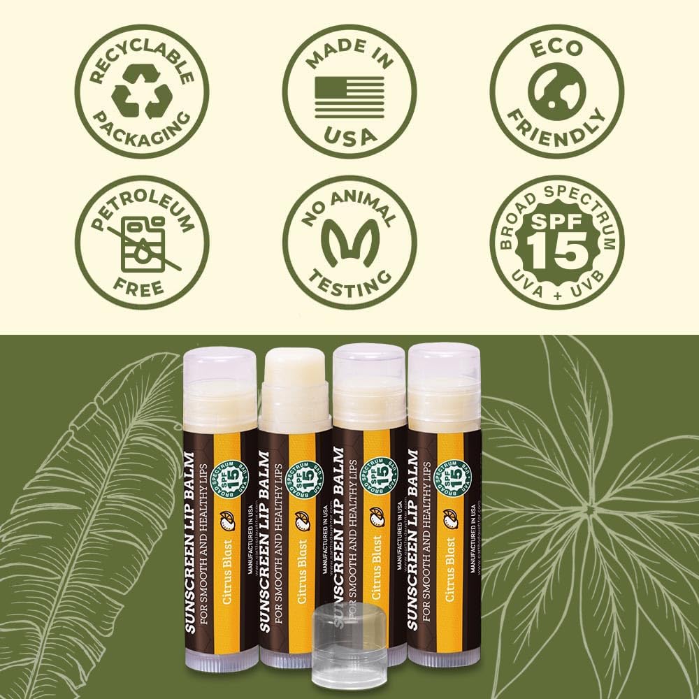 Earth's Daughter SPF Lip Balm 4-Pack Citrus Flavor - Lip Sunscreen, SPF 15, Organic Ingredients, Beeswax, Coconut Oil, Vitamin E - Hypoallergenic, Paraben Free, Gluten Free