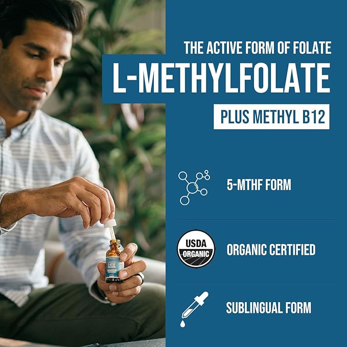L Methyl Folate 15mg Plus Methyl B12 Cofactor – Organic Berry Flavor, High Potency Liquid Sublingual Active 5-MTHF Form - Supports Mood, Methylation, Cognition – Bioactive Forms Vitamin B9 & B12 (1oz)