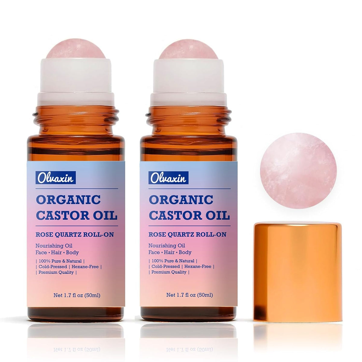 Organic Castor Oil Roll-On with Rose Quartz - 2 Pack x 50mL | Brown Glass Bottle, Cold Pressed, Hexane Free, Unrefined | Nourishing Oil for Face, Hair and Body