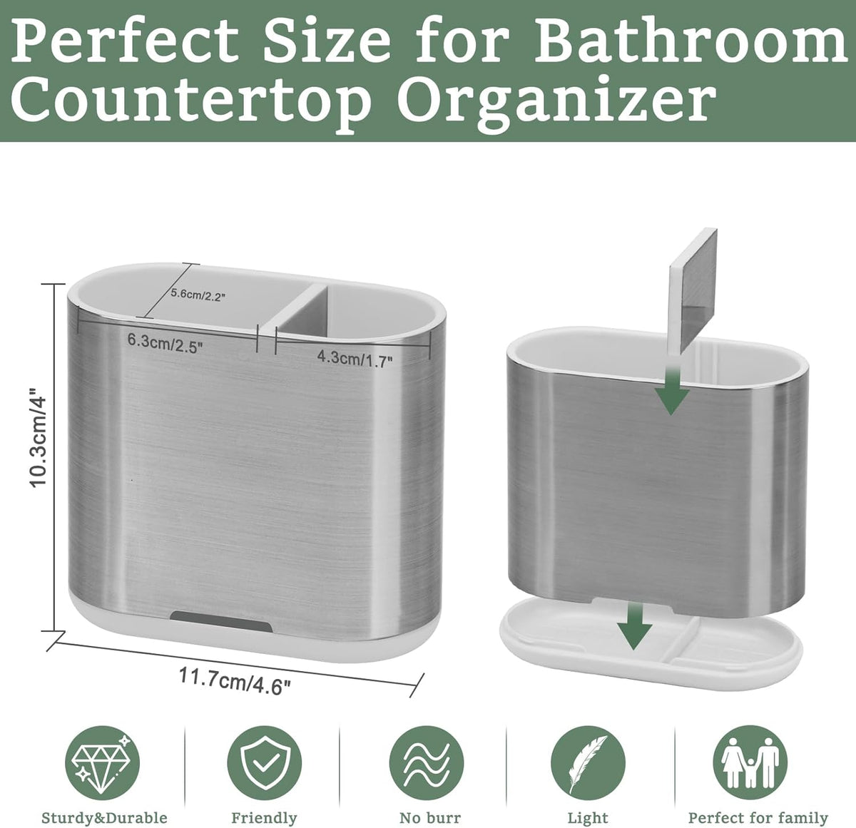 Toothbrush and Toothpaste Holder with Divider for Bathroom Countertop Organizer, 2 Slots Electric Toothbrush Holders Storage Caddy Drainage for Family, Kids (Brushed Silver)