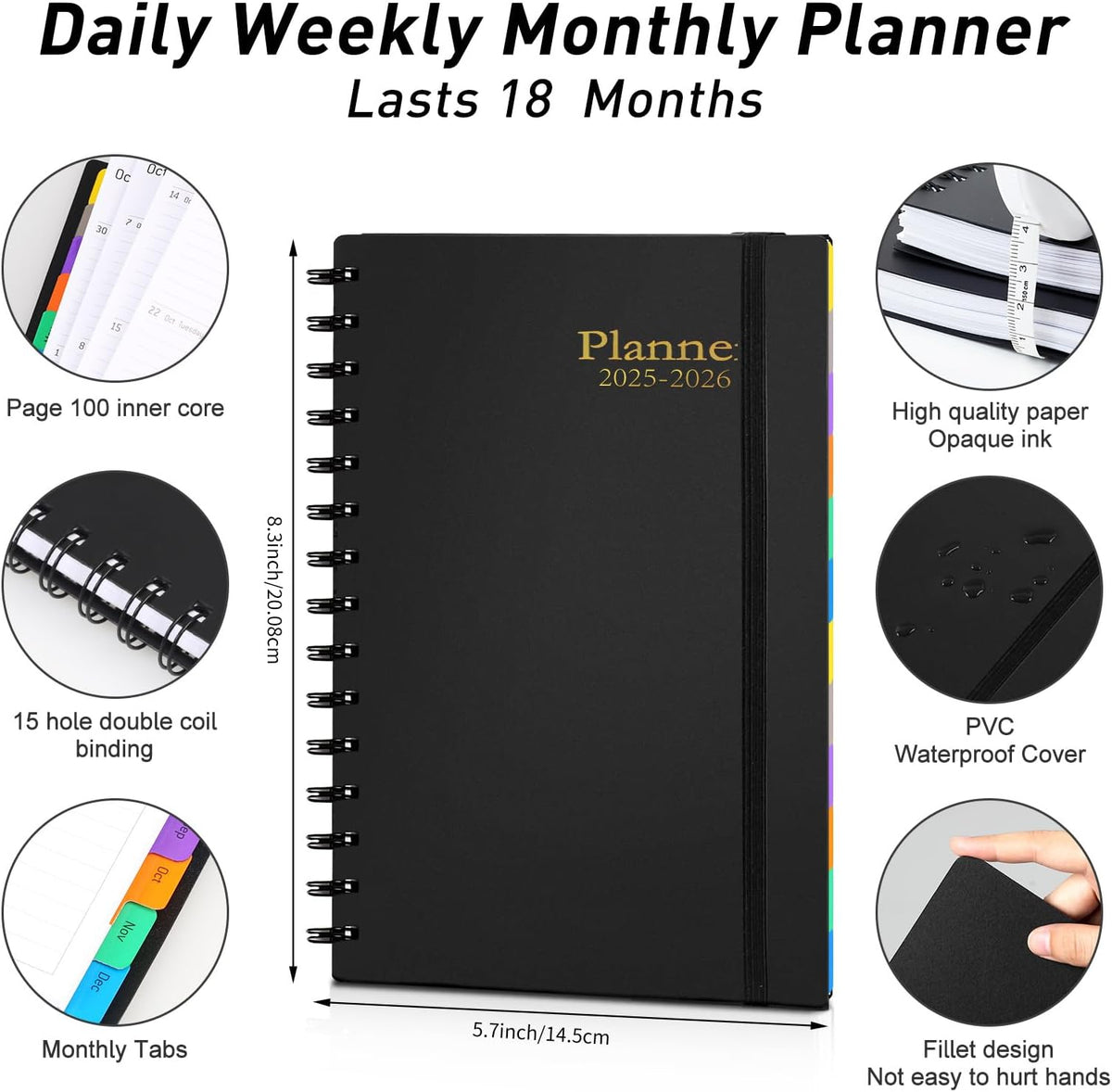 Daily Planner 2025-2026, July 2025 - December 2026, Yearly Monthly Weekly Daily Academic Calendar Planner, 18 Month with Tabs, Time Management Manual, 100GSM Thick Paper, A5 Size, Black