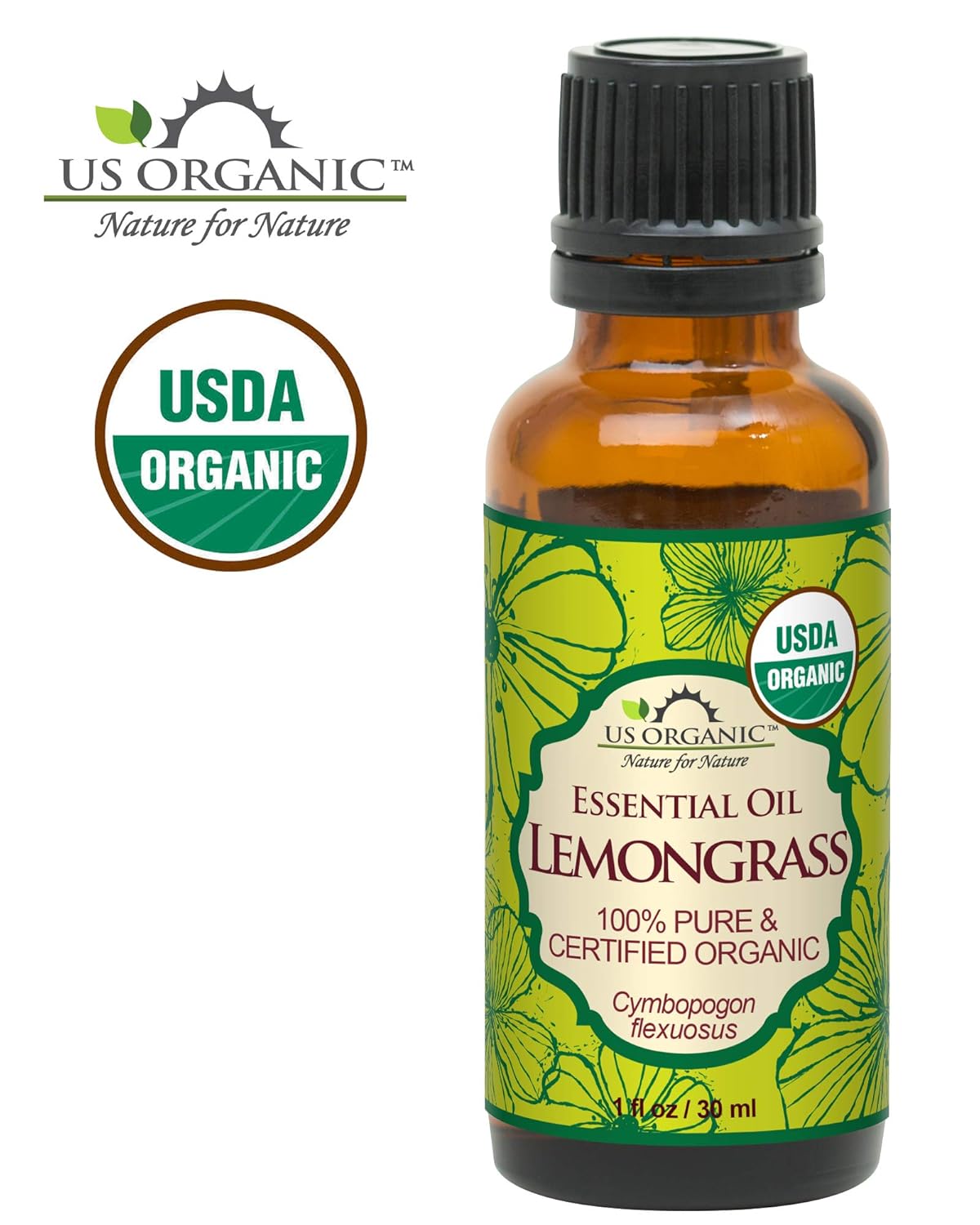 US Organic 100% Pure Lemongrass Essential Oil, USDA Certified Organic, Extracted by Steam Distillation Method, for Hair, Nail Polish Remover, Bees Attraction, and More. 30 ml