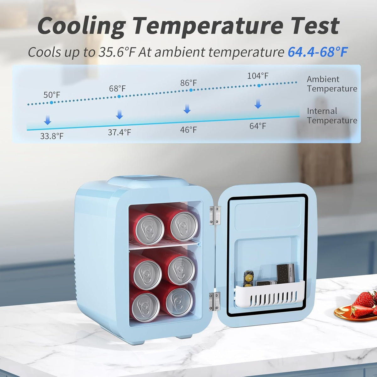 YASHE Mini Fridge, 4 Liter/ 6 Cans Small Refrigerator for Bedroom, 110V AC/ 12V DC Thermoelectric Cooler and Warmer for Drink Office Dorm Car, Blue