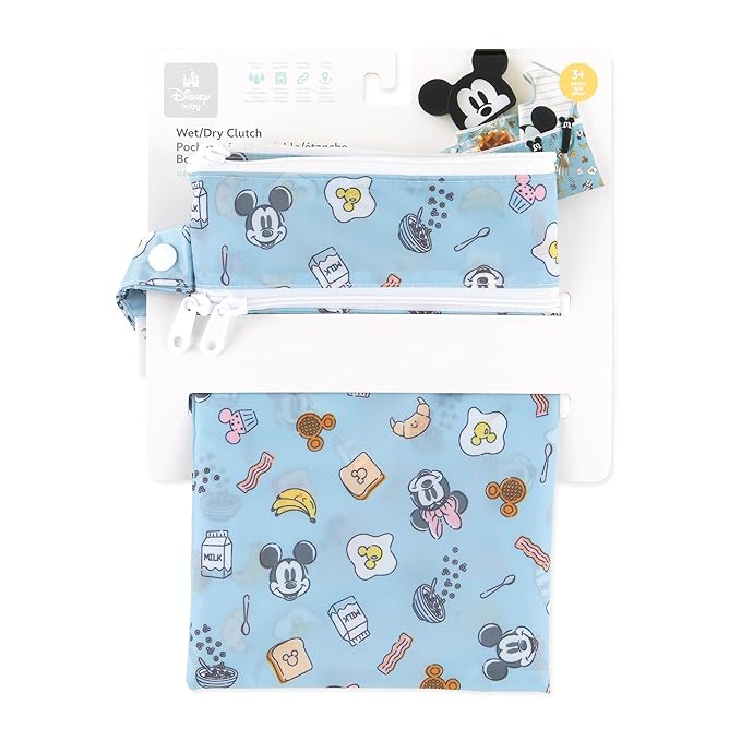 Bumkins Disney Waterproof Wet Dry Clutch Bag for Baby, Travel, Swim Suit, Cloth Diapers, Pump Parts, Pool, Gym Clothes, Toiletry, Hook to Stroller, Daycare, Packing Pouch, Zip Bag, Mickey and Minnie