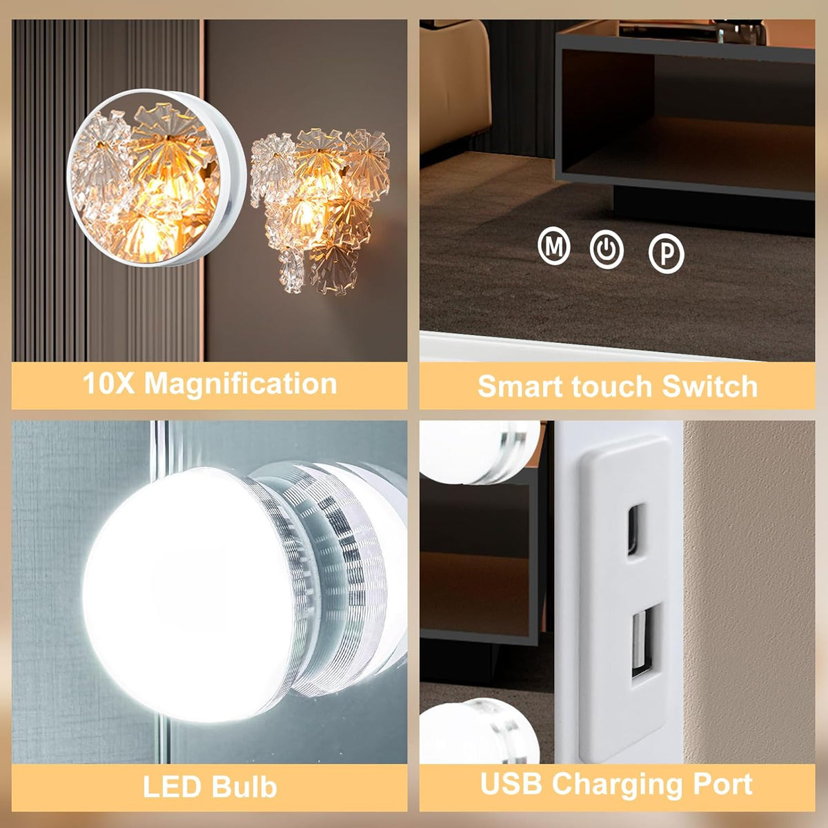 Hollywood Vanity Mirror with Lights, 12 Dimmable Bulbs, 3 Color Lights,Make Up Lighted Mirror, Aluminum Metal Frame, USB Charging Port（14" x 18"）