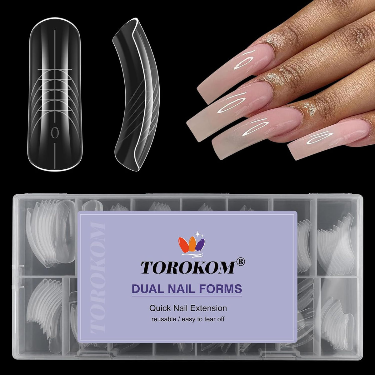 TOROKOM 150Pcs Poly Extension Gel Dual Nail Forms Clear Nail Forms Full Cover Coffin Nail Molds 15 Sizes for Gel Manicure Nail Art Design Salon&DIY