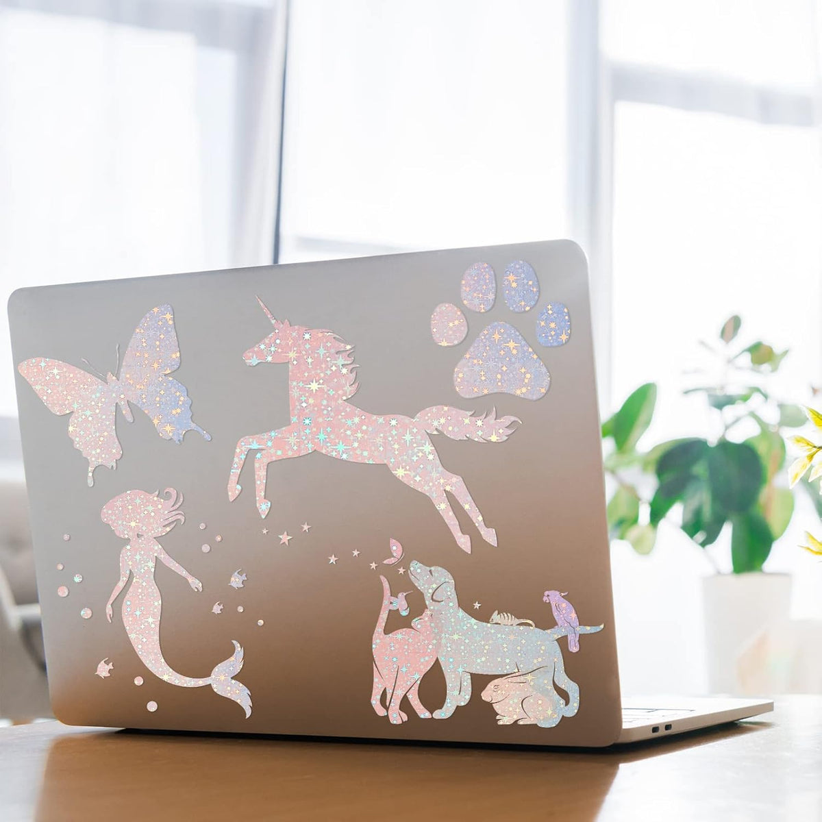Nezyo 60 Sheets Holographic Laminate Sheets Clear Glitter A4 Size Vinyl Sticker Paper Holographic Overlay Self Adhesive Waterproof Transparent Film, 11.7 x 8.3 Inch (Star Style)