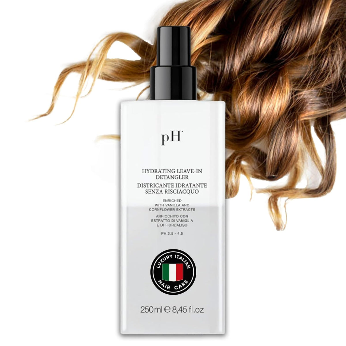 pH PURE HAIR Leave-In Detangler Spray – Curly Hair Detangler with Vanilla & Iris – Lightweight Curl Conditioner & Moisturizer for Shine, Frizz Control & Softness – Italian Luxury Hair Care - 8.45 Oz