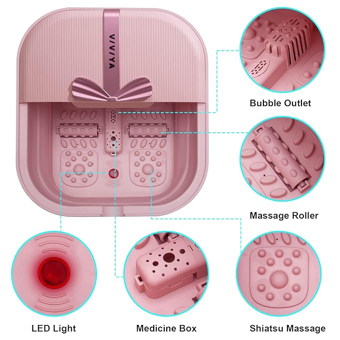 Collapsible Foot Bath Spa with heat and Massage Rollers, Foldable Foot Soak Tub with Bubbles Jets and LED light, Pedicure Foot Spa Massager with Foot Scrubber for Home Use (Pink)