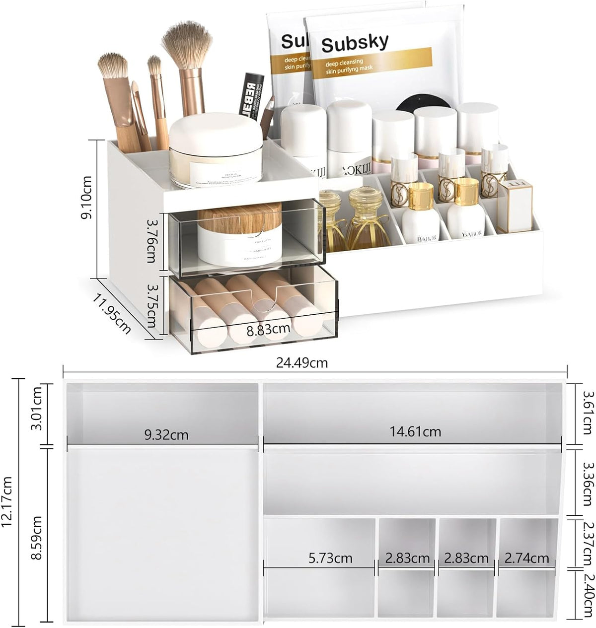 Subsky Makeup Organizer with Drawers, Easy Storage for Beauty Products Brushes, Multifunction Plastic Desk Organizer, Cosmetics Organizer for Countertop Dresser Vanity and Bathroom (White)