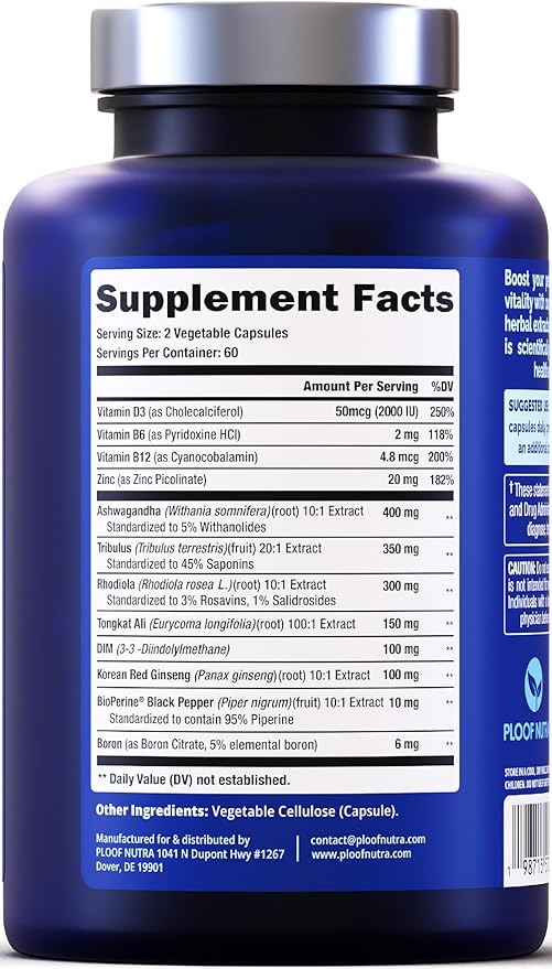 Testosterone Booster Supplement for Men - Male Enhancing Test Boost - Ashwagandha, Tongkat Ali, Rhodiola, Tribulus, Vitamin D3, B6, B12 - Workout, Muscle Builder, Strength, Energy, Performance - 120ct