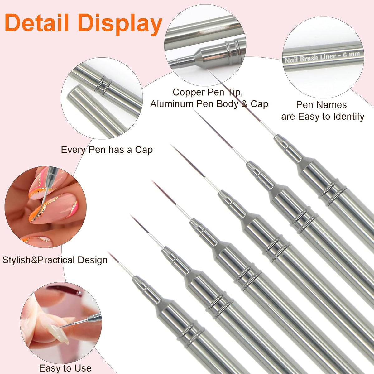 MYR 6Pcs Nail Art Liner Brushes and 2Pcs Nano Nail Files, Metal Nail Art Brushes, Nail Art Pens, Nail Art Tools, suitable for Long Lines, Thin Details, Fine Drawing Sizes 6/9/12/15/18/25mm