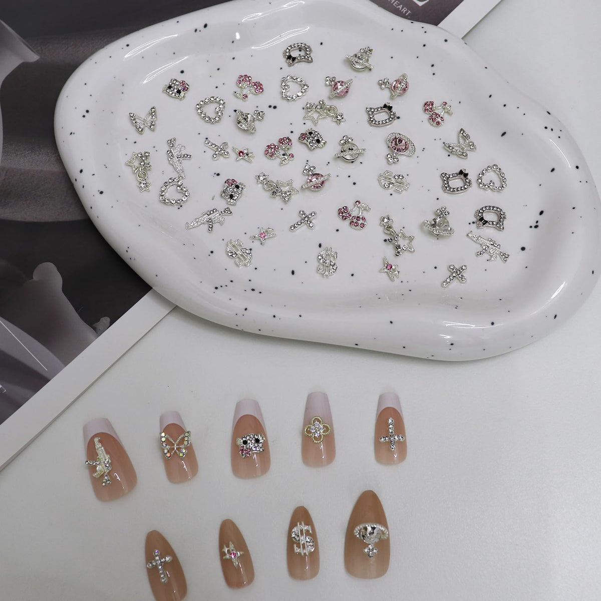 50Pcs Nail Charms Rhinestones Gems Kitty Heart Star Gun Planet Cross Jewelry for Acrylic Nails Accessories Women Nail Decorations Manicure Craft DIY Nail Art Supplies