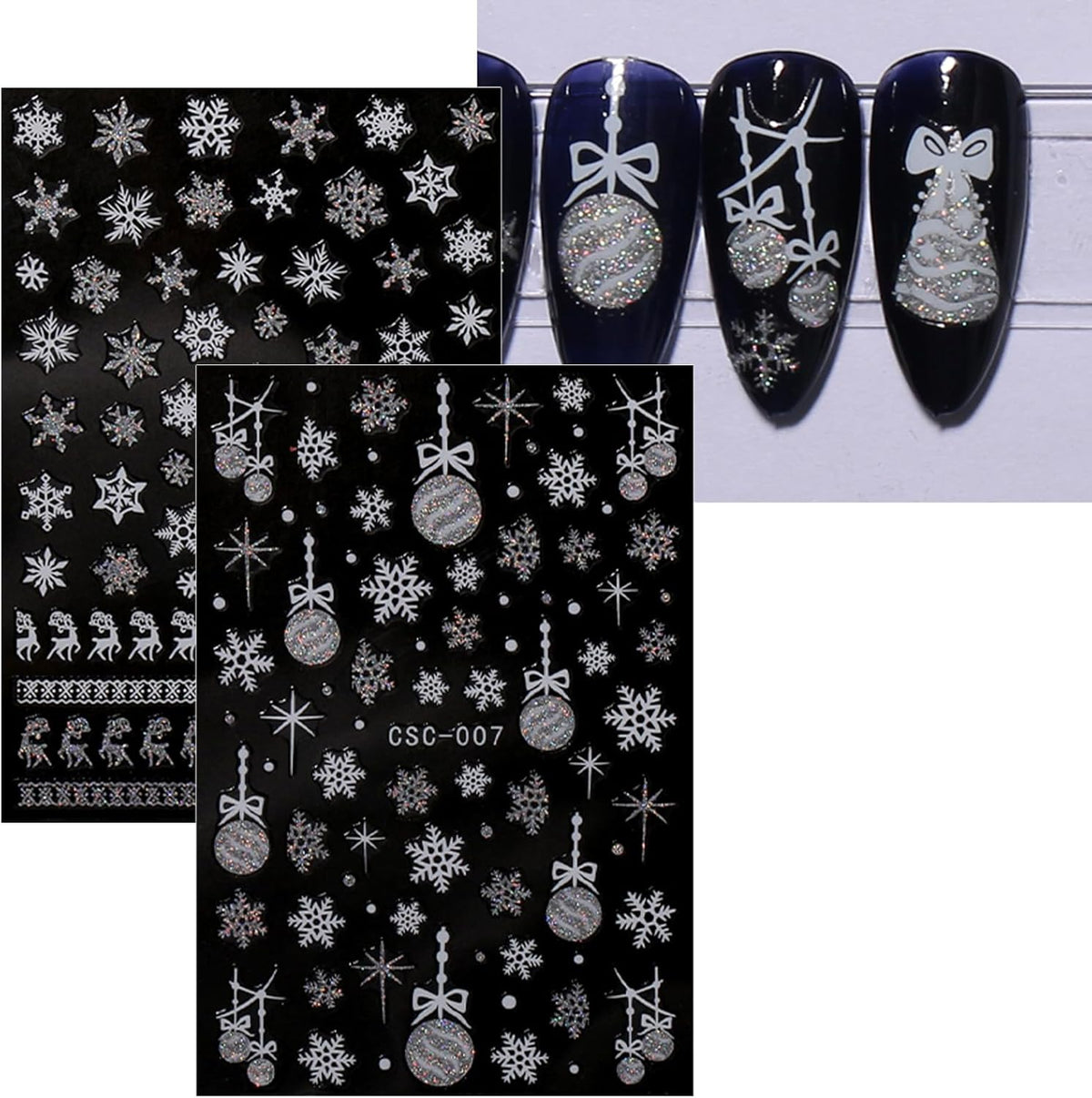 JMEOWIO 8 Sheets Christmas Glitter Nail Art Stickers Decals Self-Adhesive Snowflake Winter Holiday Cute Silver White Nail Supplies Nail Art Design Decoration Accessories