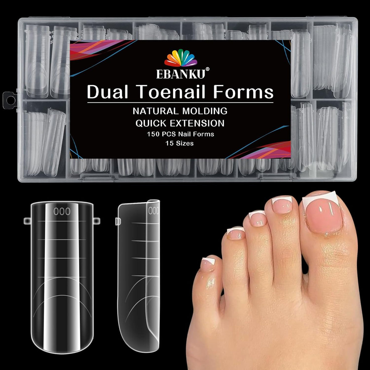 Poly Gel Toe Nail Form Set, EBANKU Reusable Toenails Dual Forms for Nail Extensions, Poly Gel Toe Nail Tips Pre-designed French Line Salon Home DIY Nail Art Supplies - 15 Sizes 150PCS