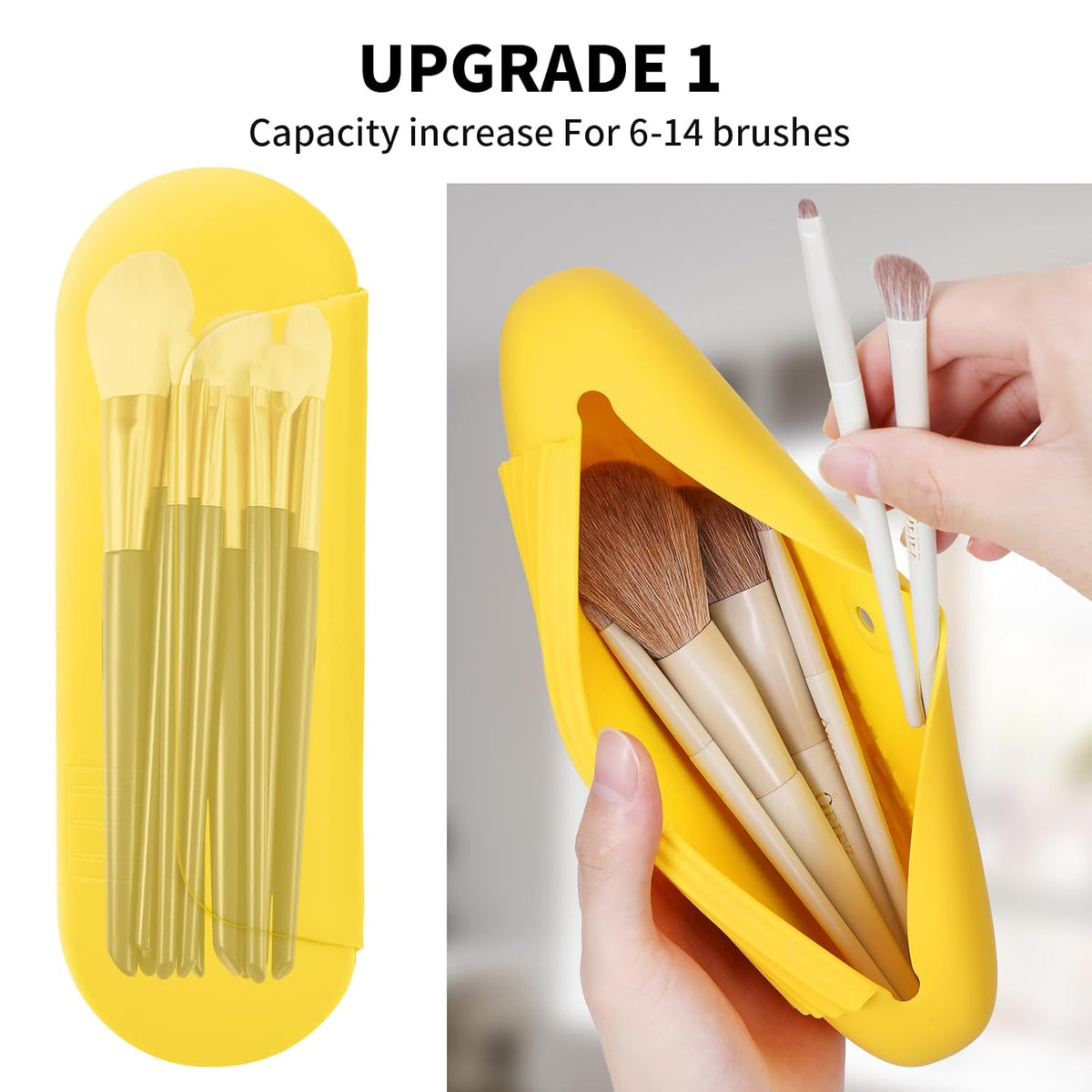 Silicone Makeup Brush Holder Travel Cosmetic Bag：Soft Portable Cosmetic Face Brushes Holder with Upgrade Anti-Fall Out Magnetic Closure, Large Travel Makeup Brush Case - Yellow