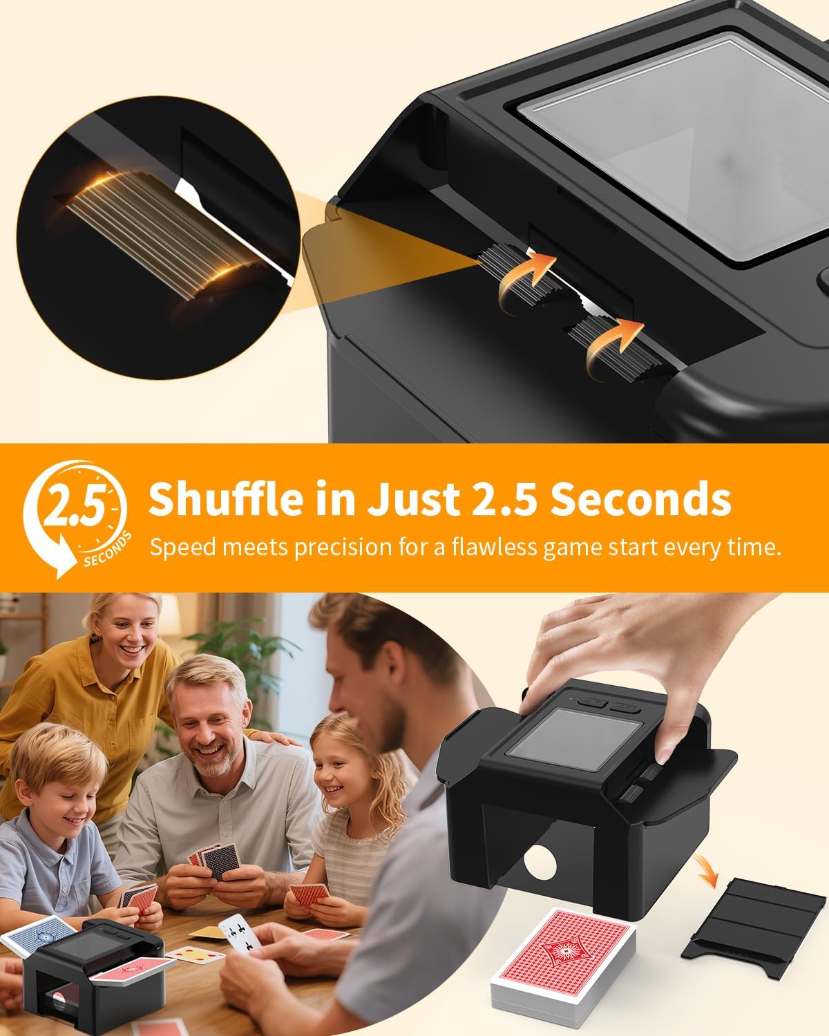 Card Shuffler 2 Deck Automatic, Rechargeable Playing Card Shuffler with Dual Mode, Low Noise and Portable, Auto Shuffler Machine for Poker, UNO,Skip-Bo, Phase 10, Blackjack, Texas Hold'em, Black