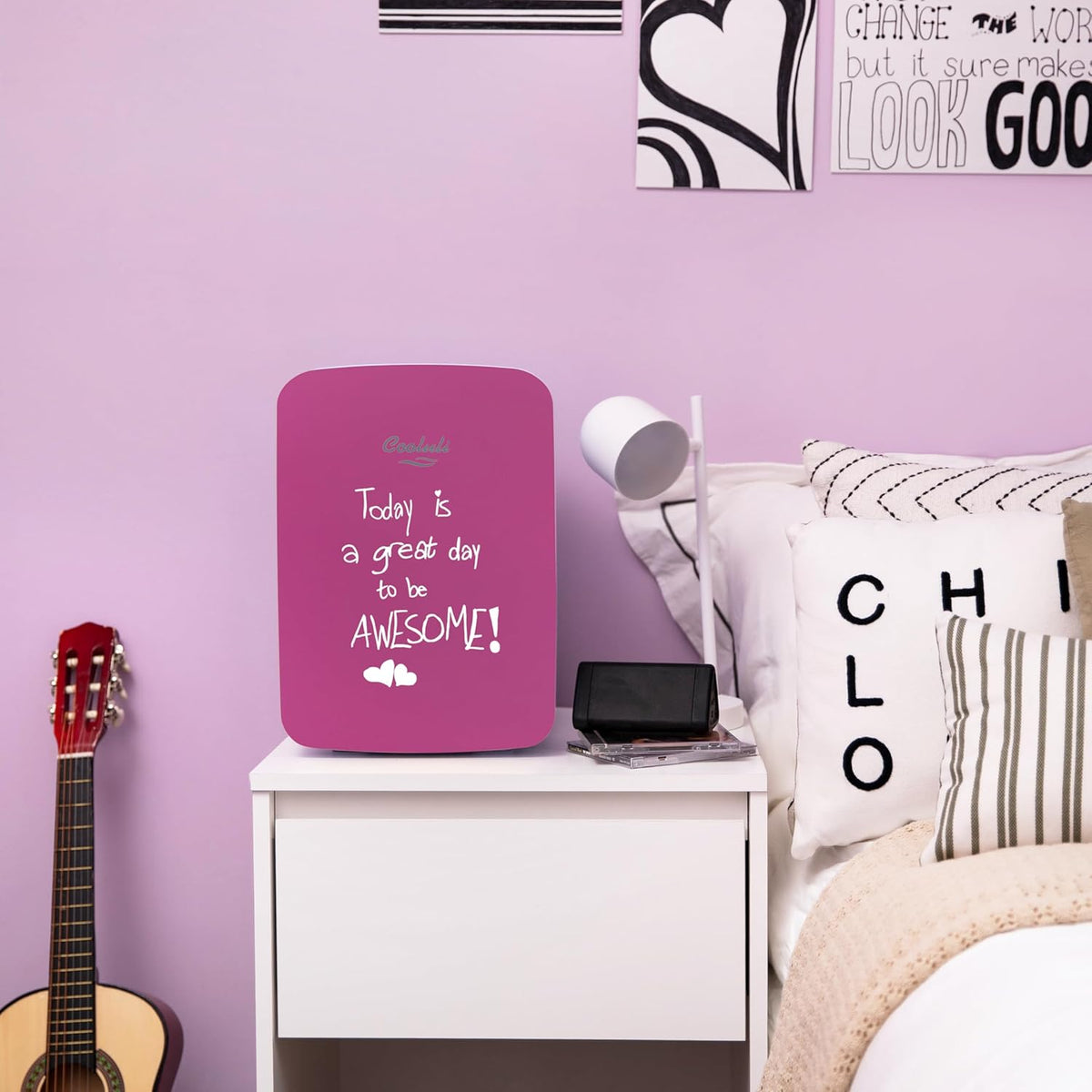 Cooluli 15L Mini Fridge for Bedroom - Car, Office Desk & College Dorm Room - 12v Portable Cooler & Warmer for Food, Drinks, Skincare, Beauty & Makeup - AC/DC Small Refrigerator with Glass Front, Pink