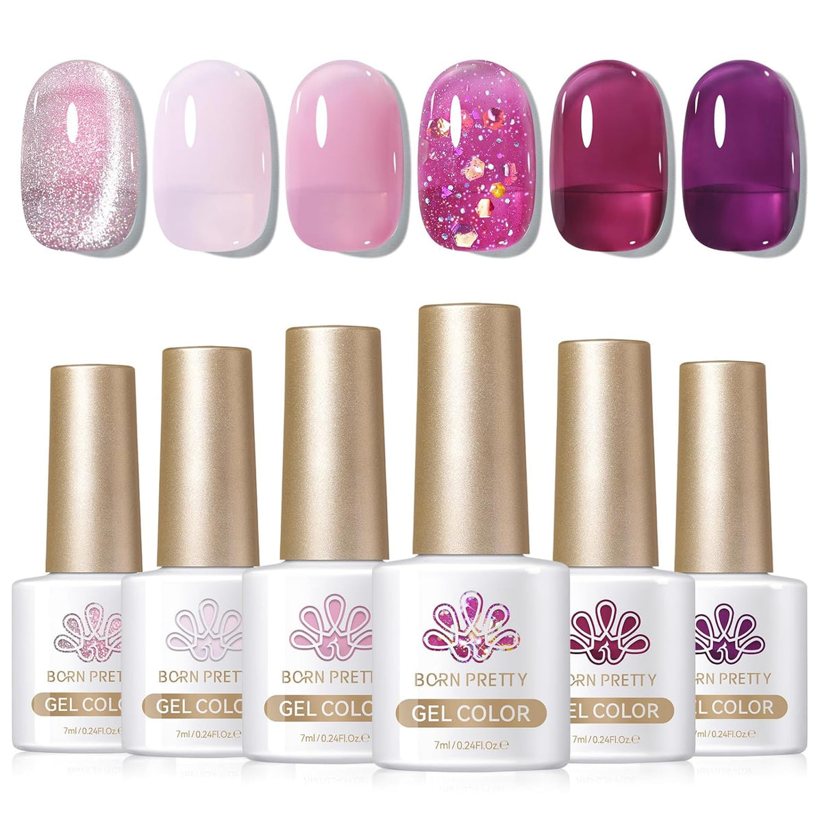 BORN PRETTY Jelly Purple Gel Nail Polish Transparent Sheer Pink Grape Purple Shimmer Glitter Jelly Gel Polsih Nail Art Manicure DIY at Home 6PCS
