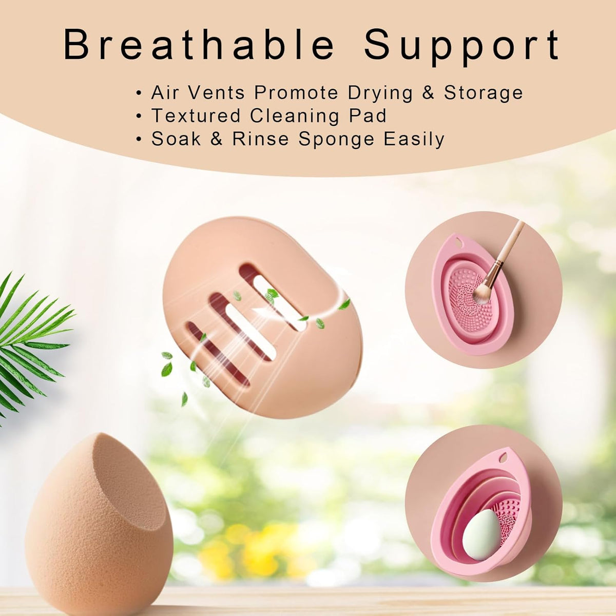 Silicone Makeup Brush Holder Set – Portable Travel Makeup Brush Holder with Makeup Sponge Holder and Foldable Cleaning Bowl – Upgraded 3-in-1 Cosmetic Organizer Set (khaki)