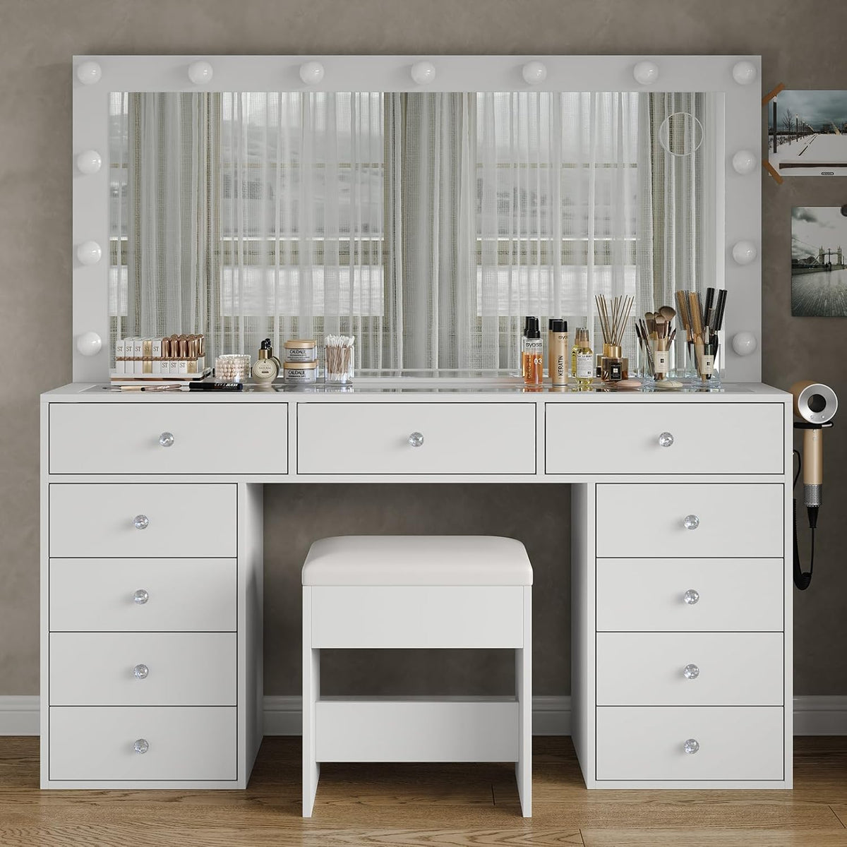 11 Drawers Makeup Vanity with Charging Station, Vanity Desk with 13 LED Bulbs and HD Mirror, 3 Color Brightness Adjustable, Glass Top Vanity Set for Bedroom, White