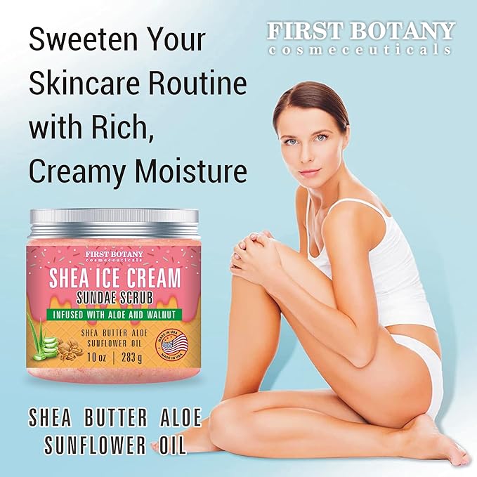 First Botany Body Scrub - Natural Exfoliating Salt Scrub & Body and Face Souffle helps with Moisturizing Skin, Acne, Cellulite, Dead Skin Scars, Wrinkles (10 fl oz, Shea Icecream)