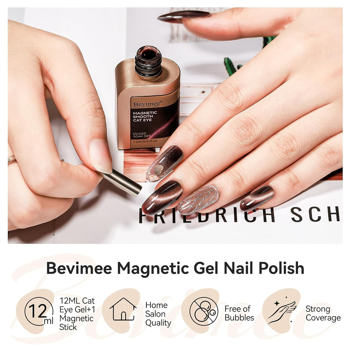 Cat Eye Nail Polish, Dark Brown, Moonlight Magnetic Gel Nail Polish With Magnet Stick, Glitter Holographic Shimmer UV Velvet Gel Nail Art Manicure Salon DIY Home, 12ML