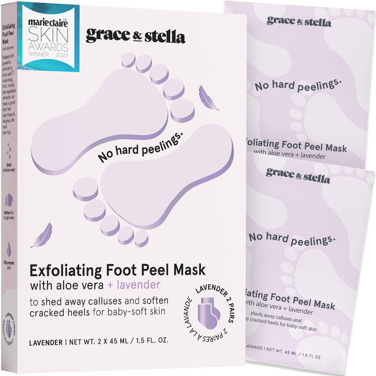 grace & stella Award-Winning Foot Peel Mask - Foot Peeling Mask with Aloe Vera - Moisturizing Foot Mask for Dry Cracked Feet - Foot Exfoliator for Baby Soft Feet (2 Pairs, Lavender)
